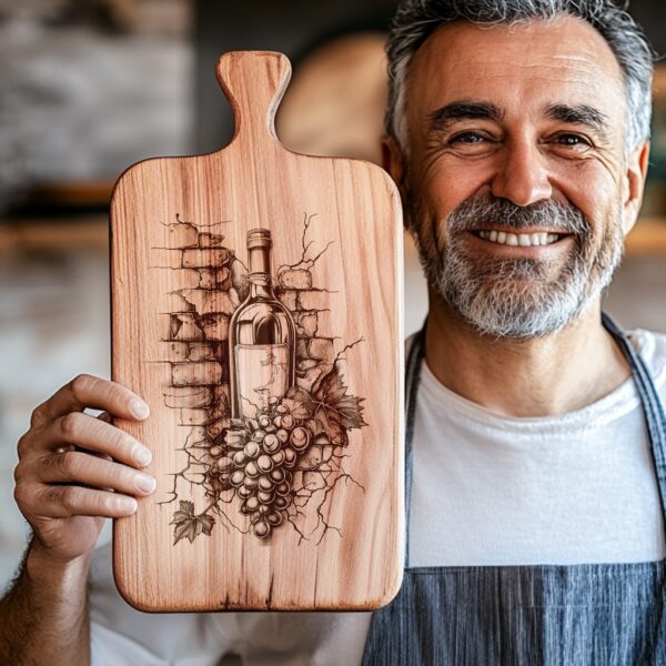 Engraved Charcuterie Board File: Wine Bottle & Grapes