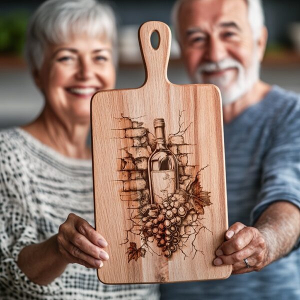 Engraved Charcuterie Board File: Wine Bottle & Grapes