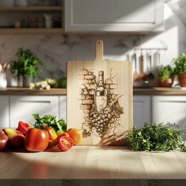 Engraved Charcuterie Board File: Wine Bottle & Grapes