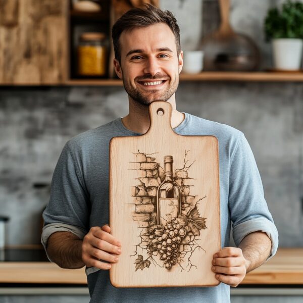 Engraved Charcuterie Board File: Wine Bottle & Grapes