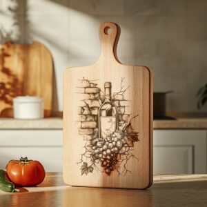Engraved Charcuterie Board File: Wine Bottle & Grapes