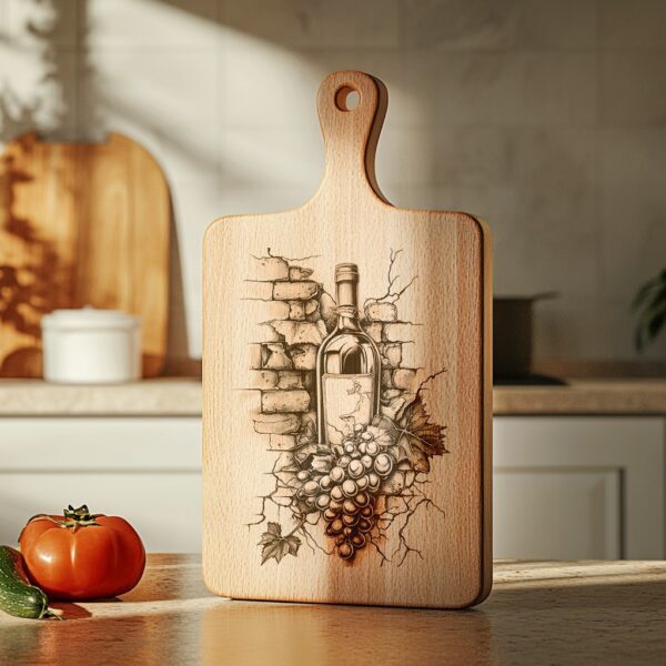 Engraved Charcuterie Board File: Wine Bottle & Grapes