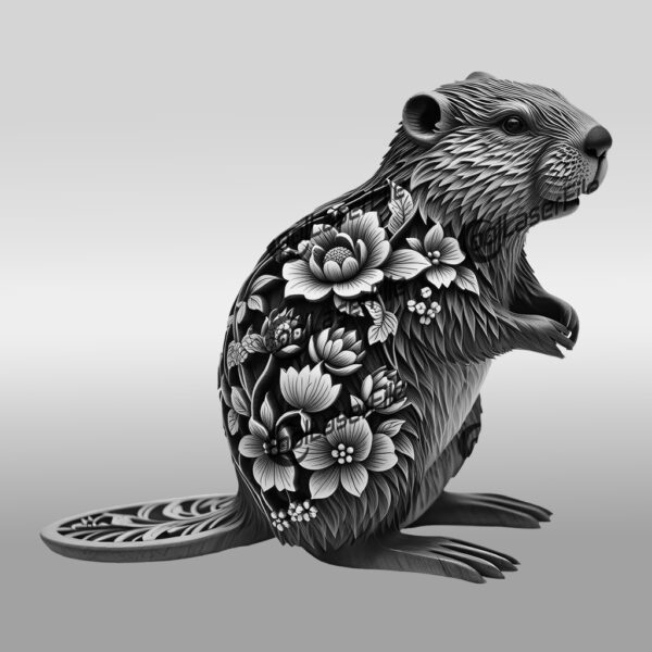 Beaver 3D Illusion Laser Engraving File, Floral Animal