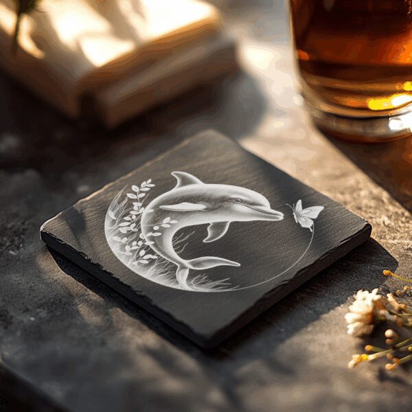 Dolphin and Butterfly Slate Coaster Engraving Art, Digital