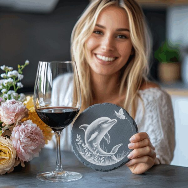 Dolphin and Butterfly Slate Coaster Engraving Art, Digital