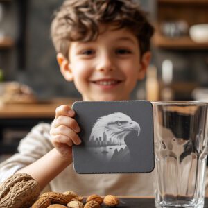 Eagle Head Cityscape Slate Coaster Design, Laser Engraved