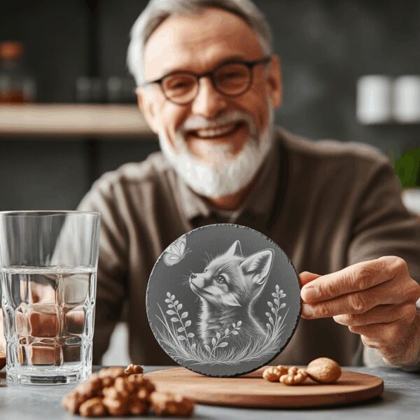 Fox and Butterfly Slate Coaster Engraving Design, Wildlife