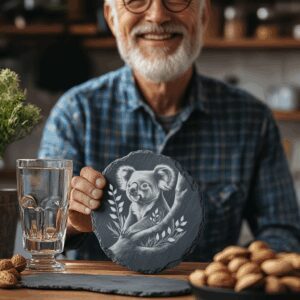 Koala Tree Branch Slate Coaster PNG, Laser Engraved