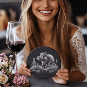 Laser Engraved Hippo in Water Slate Coaster Design,
