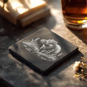 Laser Engraved Hippo in Water Slate Coaster Design,