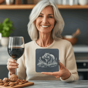 Laser Engraved Hippo in Water Slate Coaster Design,