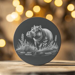 Laser Engraved Hippo in Water Slate Coaster Design,