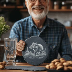 Laser Engraved Hippo in Water Slate Coaster Design,