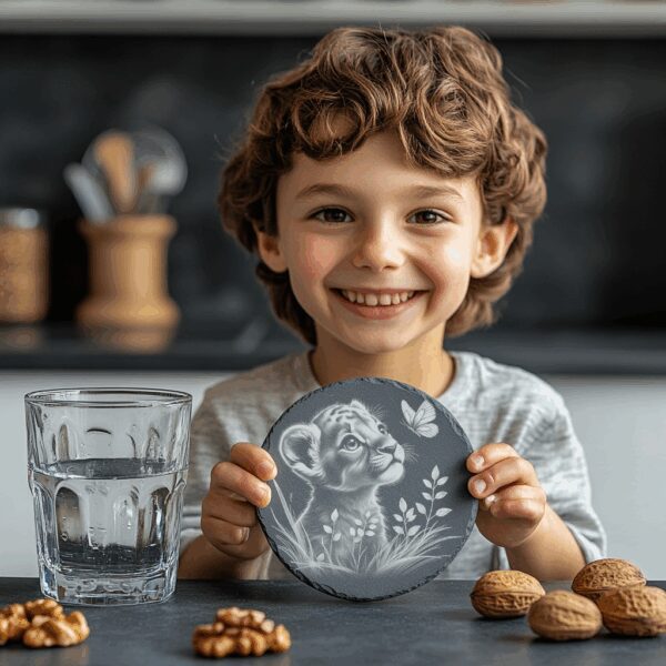 Lion Cub with Butterfly Slate Coaster Engraving Design,