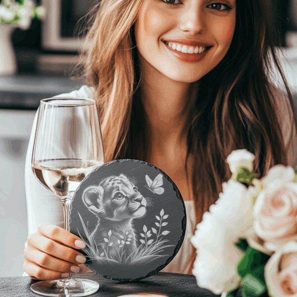 Lion Cub with Butterfly Slate Coaster Engraving Design,
