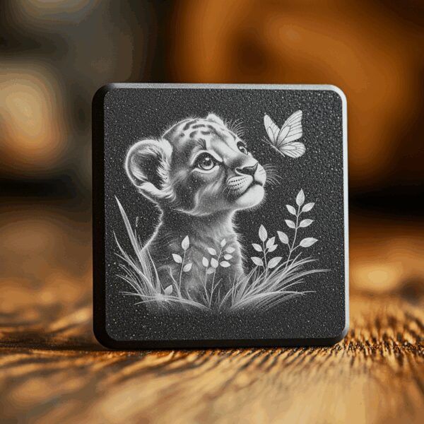 Lion Cub with Butterfly Slate Coaster Engraving Design,