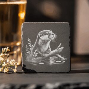 Otter on Log Slate Coaster Design, Laser Engraving
