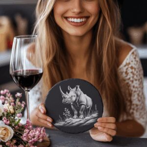 Rhino Rock Slate Coaster Design, Laser Engraving PNG,