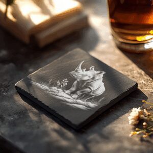 Rhino Rock Slate Coaster Design, Laser Engraving PNG,