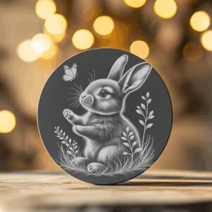 Rustic Rabbit and Butterfly Engraving PNG, Slate Coaster