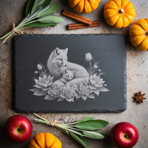 Slate Cheese Board Engraving, Arctic Fox Family Design,