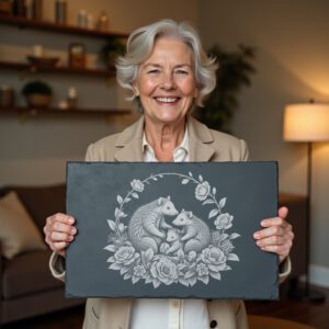 Slate Cheese Board Engraving File, Pangolin Family Camellia