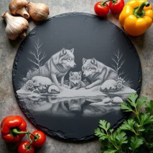 Slate Cheese Board Engraving File, Wolves by River,