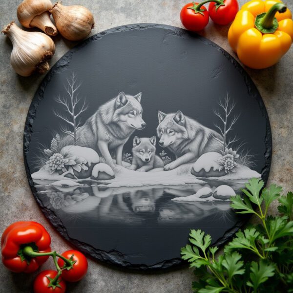 Slate Cheese Board Engraving File, Wolves by River,