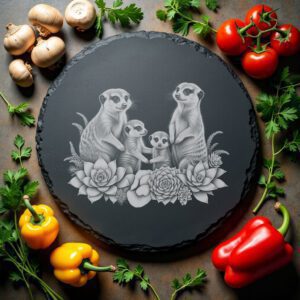 Slate Cheese Board Engraving, Meerkat Family with Succulents,