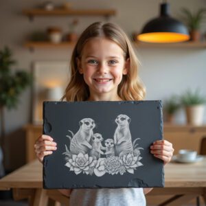 Slate Cheese Board Engraving, Meerkat Family with Succulents,