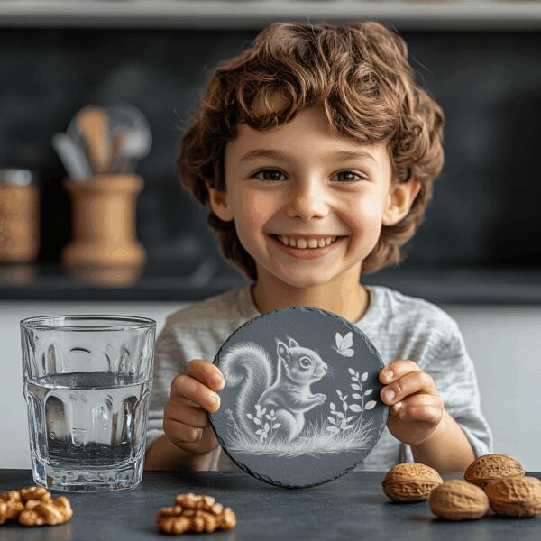 Slate Coaster Engraving Design, Squirrel and Butterfly Scene,