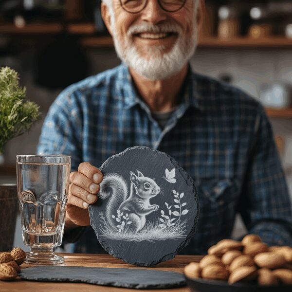 Slate Coaster Engraving Design, Squirrel and Butterfly Scene,