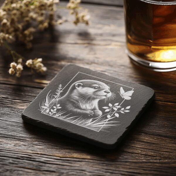 Slate Coaster Engraving File, Otter with Butterfly Design,