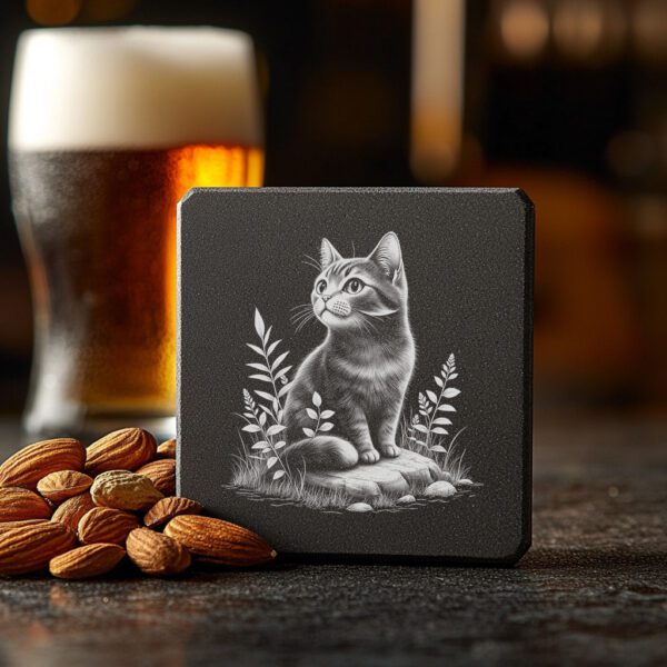 Cat in Grass Slate Coaster Engraving File, Rustic