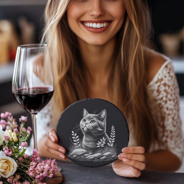 Cat in Grass Slate Coaster Engraving File, Rustic