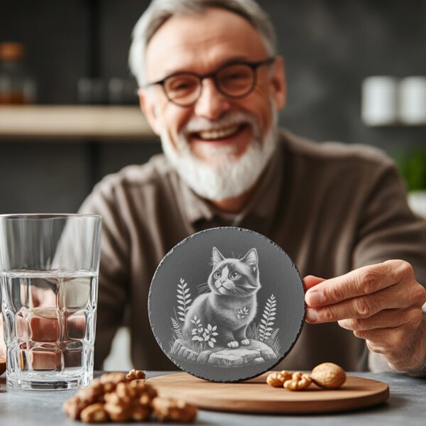 Cat on Rock Slate Coaster Laser Engraving PNG,