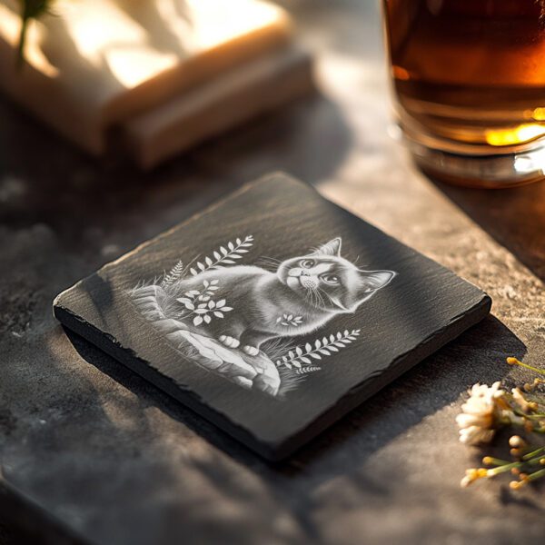 Cat on Rock Slate Coaster Laser Engraving PNG,
