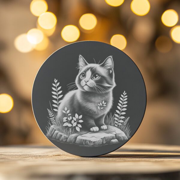 Cat on Rock Slate Coaster Laser Engraving PNG,