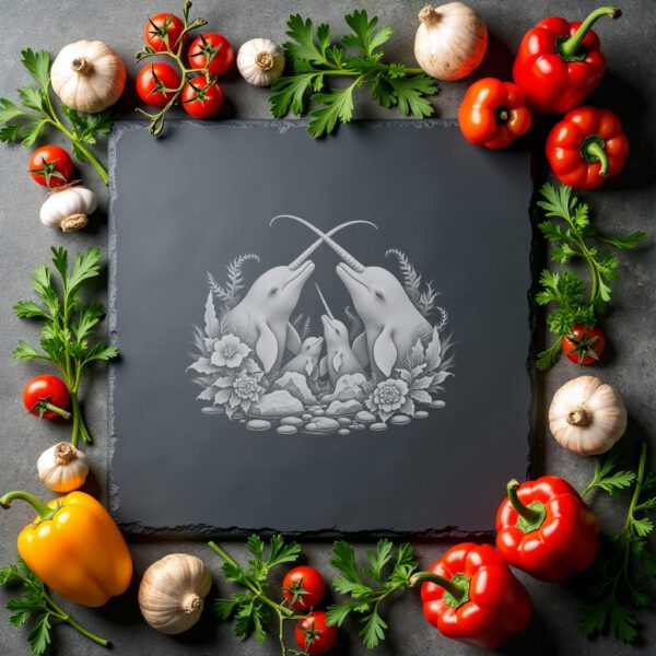 Narwhal Family Slate Cheese Board Engraving File, Arctic