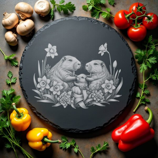 Slate Cheese Board Engraving File, Capybara Family, Daffodil