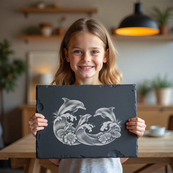 Slate Cheese Board Engraving File, Dolphin Family Sunset,