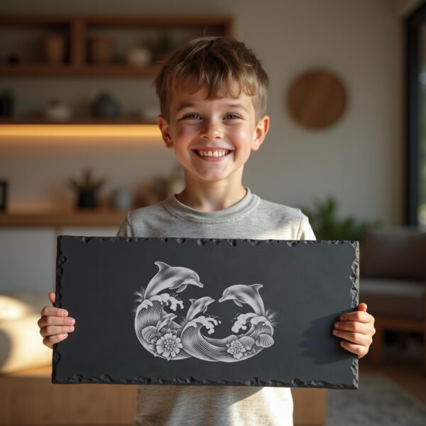 Slate Cheese Board Engraving File, Dolphin Family Sunset,