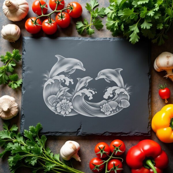 Slate Cheese Board Engraving File, Dolphin Family Sunset,