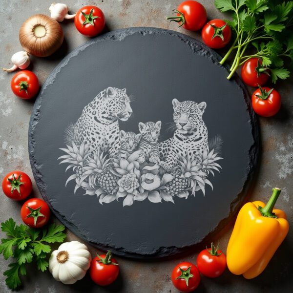 Slate Cheese Board Engraving File, Ocelot Family, Bromeliads,