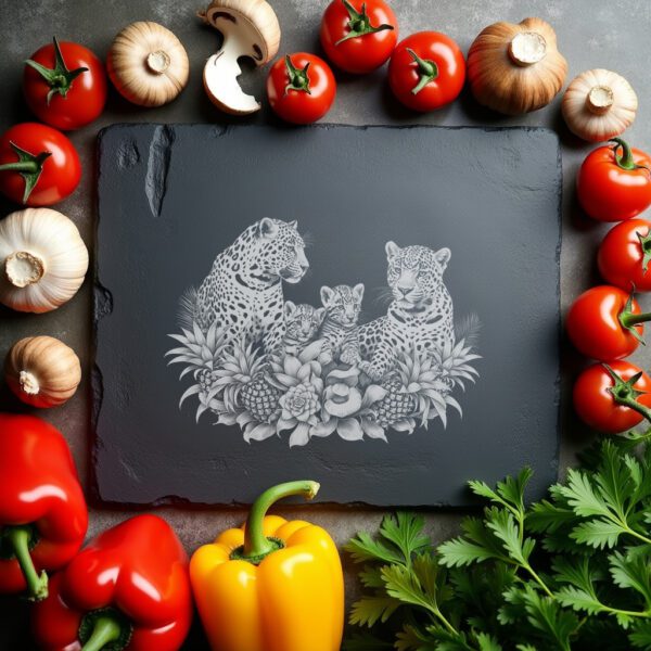 Slate Cheese Board Engraving File, Ocelot Family, Bromeliads,