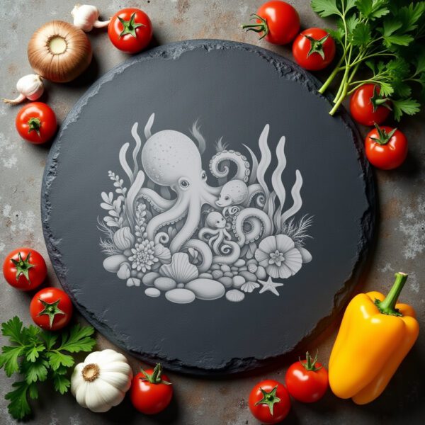 Slate Cheese Board Engraving File, Octopus Family Kelp