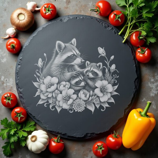 Slate Cheese Board Engraving File, Raccoon Family, Sweet
