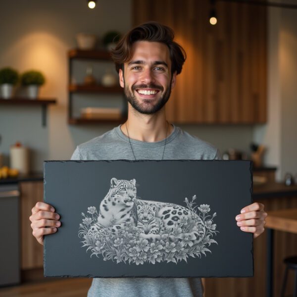 Slate Cheese Board Engraving File, Snow Leopard Family,