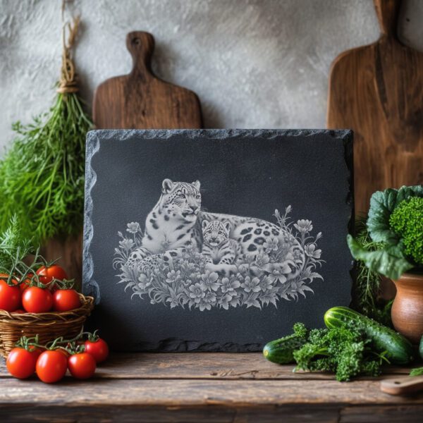 Slate Cheese Board Engraving File, Snow Leopard Family,