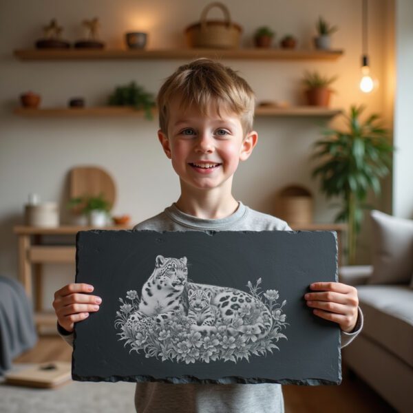 Slate Cheese Board Engraving File, Snow Leopard Family,